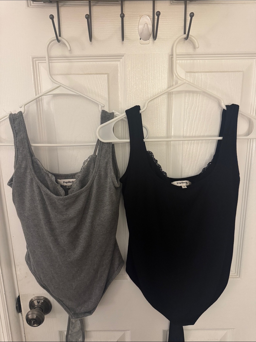 Popilush Ribbed Lace-Trim Tank Bodysuit in Gray & Black